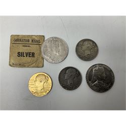 Commemorative medallions or medals including three Queen Victoria Diamond Jubilee small silver medallions, two King Edward VII 1902 Coronation medallions and a Queen Elizabeth II 1953 Coronation medal in red box