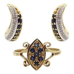 Gold sapphire marquise design ring, with openwork shoulders and a pair of gold sapphire and diamond half hoop earrings, both hallmarked 9ct