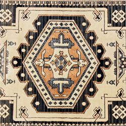 Two rugs, small Bokhara-type rug, terracotta ground with repeating hooked lozenge medallions enclosed by geometric borders (H 120cm, W 83cm); and a cream-ground rug, central lozenge medallion with geometric spandrels and border motifs (H 145cm, W 101cm),