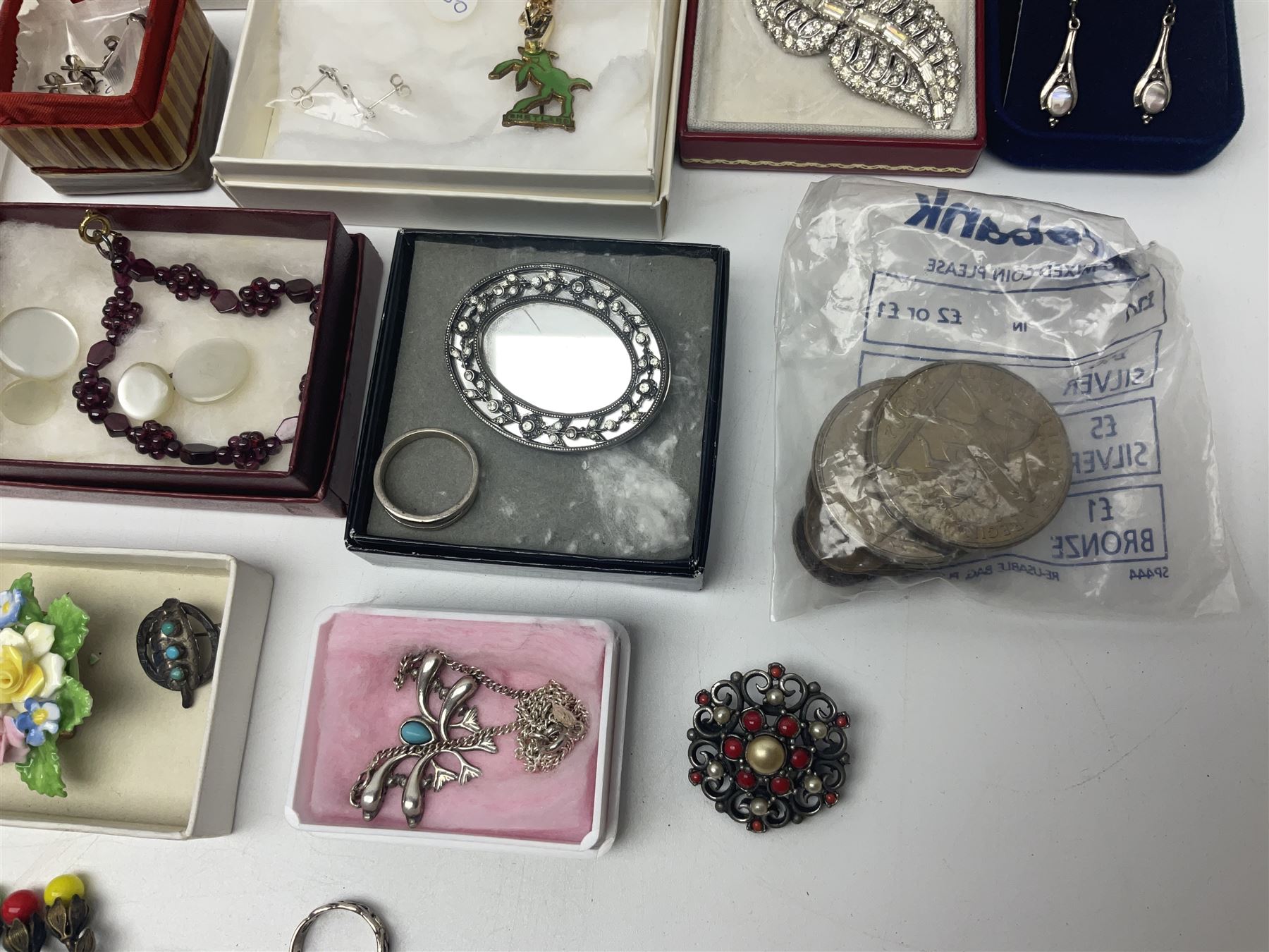 Pair of 9ct gold screw back earrings, silver dolphin jewellery, including necklace, bracelet, ring and earrings, other silver jewellery, two Sekonda wristwatches and a collection of costume jewellery 