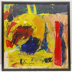 Geoffrey Harrop (British 1947-): 'Abstract in Yellow', acrylic on board signed, titled verso with artist's address 60cm x 60cm