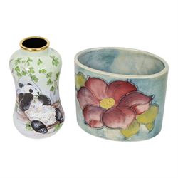 Moorcroft enamel vase, decorated with pandas, in box together with a small Moorcroft vase clematis pattern, enamel vase H8cm