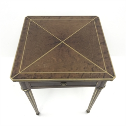  19th century French brass mounted envelope top mahogany card table in Louis XVI style, single drawer with brass tablet engraved Paul Sormani 10 R[ue] Charlot Paris, brass inset fluted supports on topie feet, W113cm, D113cm, H72cm max  