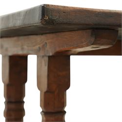 Mouseman - 1937 refectory table, Sir Herbert Baker commission for Westminster Church House, the rectangular adzed plank top above twin octagonal baluster supports united by a pegged stretcher, raised on shaped sled bases carved with a partridge and a loaf of bread, with carved mouse signature to inside leg, by Robert Thompson of Kilburn

The carved loaves reference the original patron, while the partridges are thought to represent Frank Partridge, Bishop of Portsmouth from 1877 to 1941, who played a key role in the founding of Church House and served as its Secretary from 1936 until 1941

Reference
Christie’s ROBERT “MOUSEMAN” THOMPSON; Refectory Table, Lot 188, sold at Christie’s London, commissioned by Sir Herbert Baker KCIE, RA, architect of Church House (opened 1937). Provenance and description available on the Christie’s website
https://www.christies.com/en/lot/lot-4618786