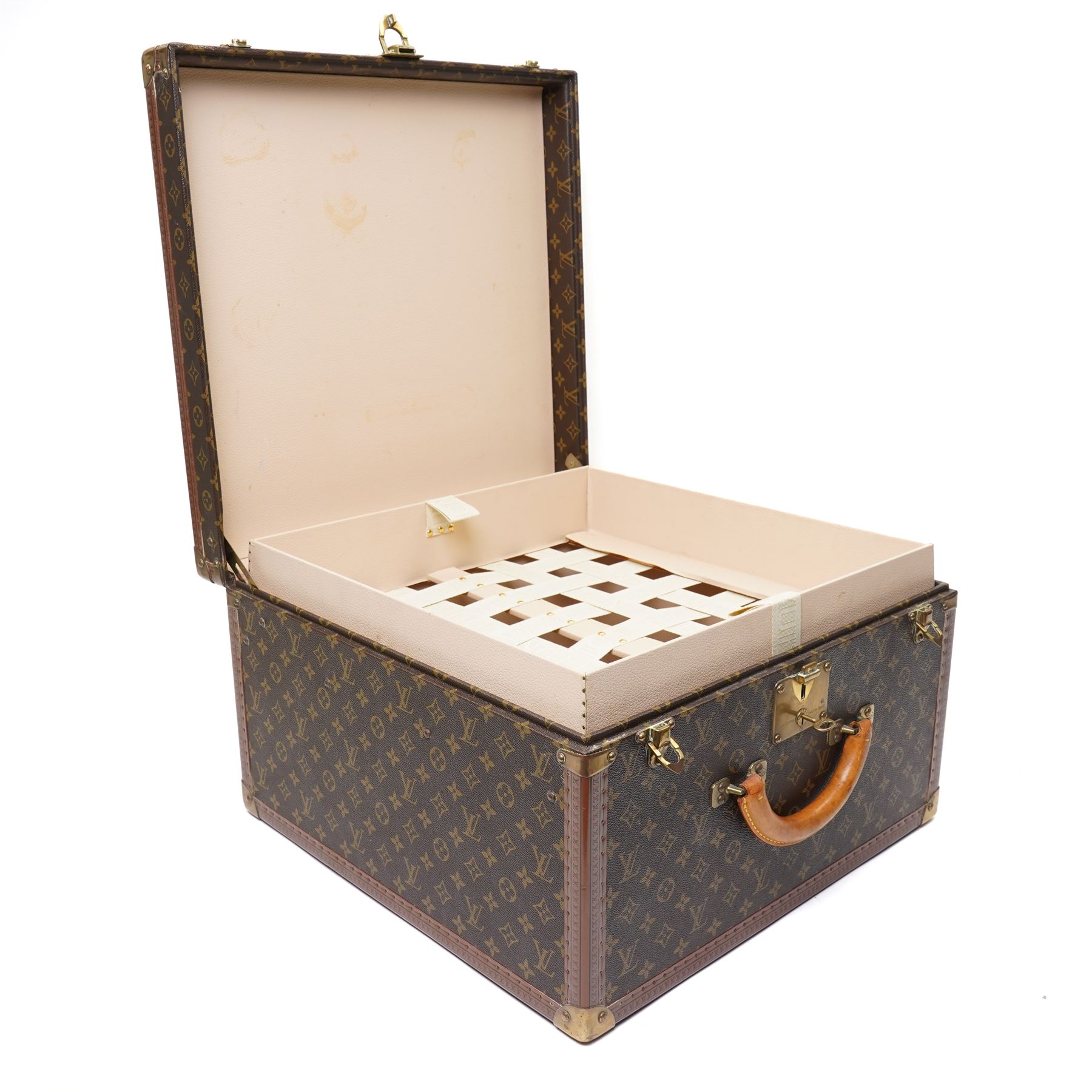 Mid-20th century Louis Vuitton monogram cabin trunk,  monogram canvas with lozine trim and brass mounts, single front leather handle with lock stamped Louis Vuitton with matching key code 1080701, the interior fitted with original webbing straps and lift-out tray, circa1960s, with original key present
