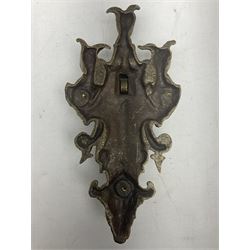 Gothic style cast brass door knocker, modelled with the Greek three-headed hell hound Cerberus on Rococo style base with central knocker of tear drop above Hades, God of the underworld, L29cm