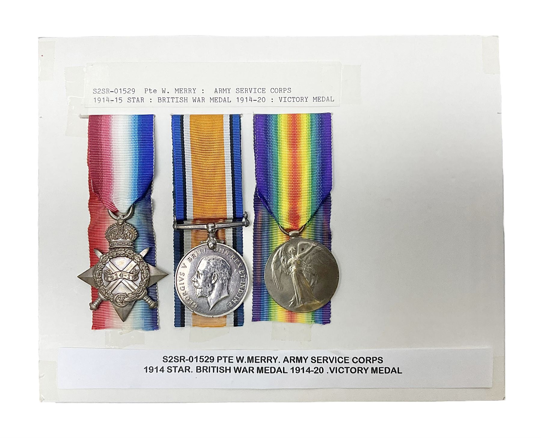 WWI trio of medals comprising British War Medal, Victory Medal and 1914-15 Star awarded to S2SR-01529 Pte. W. Merry A.S.C.; all with ribbons