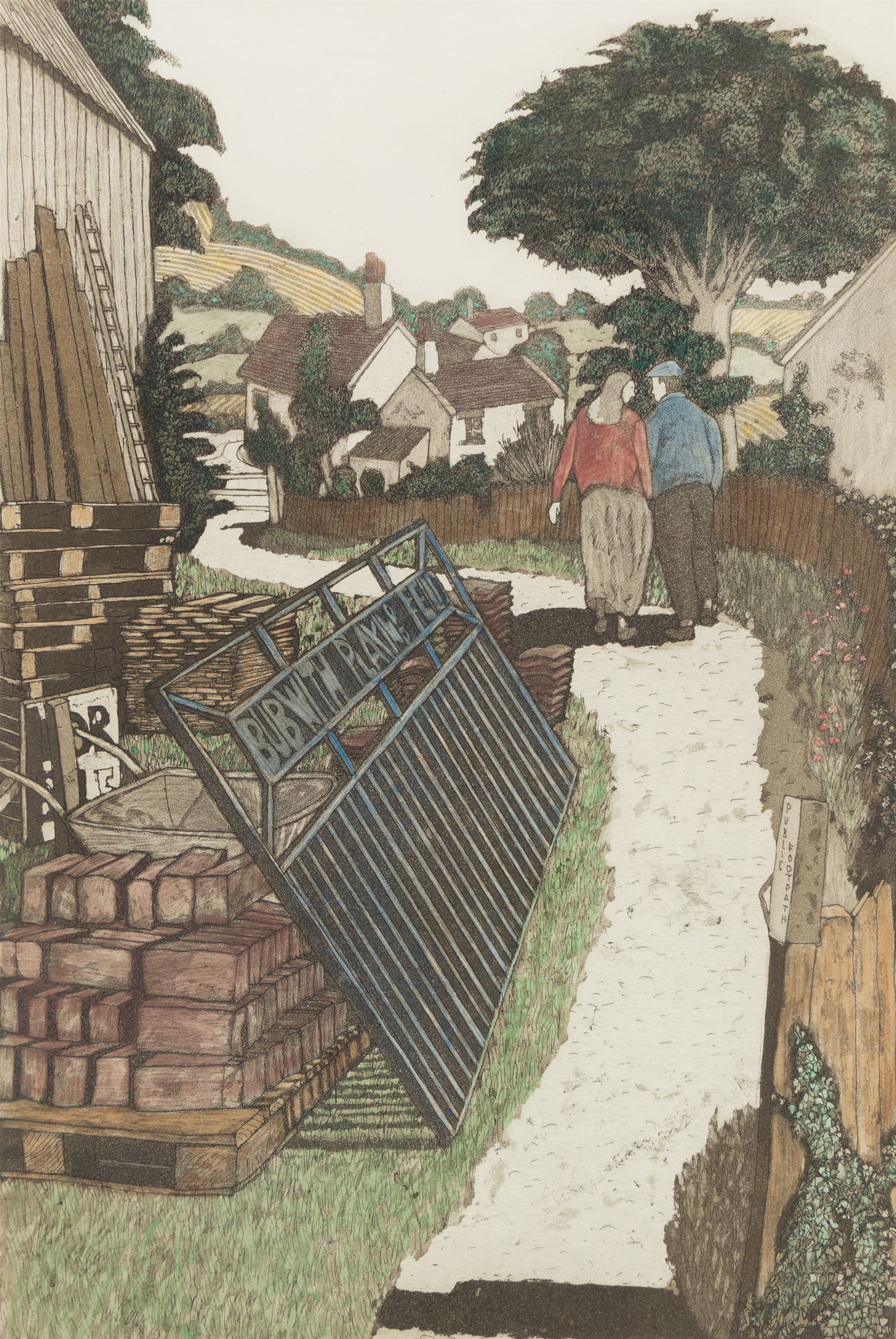 Michael Atkin (Scarborough 1952-): 'Conversation on a Footpath', limited edition coloured etching signed titled and numbered 5/60 in pencil, 37cm x 25cm