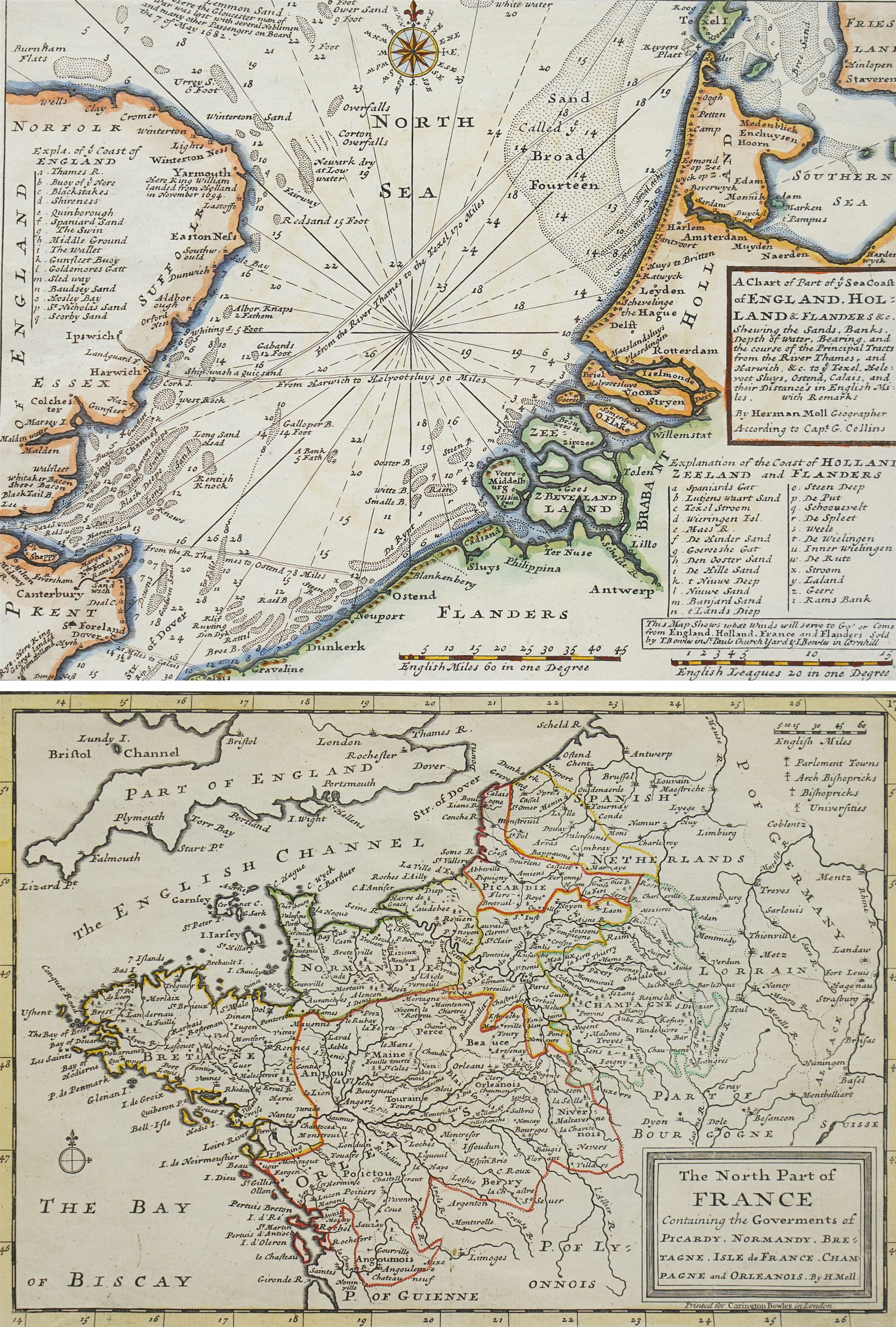 Herman Moll (British c.1654-1732): 'A Chart of Part of ye Sea Coast of England Holland & Flanders...', early 18th century engraved map with hand-colouring after Captain Greenvile Collins, sold by T. Bowles in St Paul's Church Yard and J. Bowles in Cornhill 23cm x 32cm; and 'The North Part of France Containing the Governments of Picardy, Normandy, Bretagne, Isle de France, Champagne and Orleanois', early 18th century engraved map with original hand-colouring pub. Carington Bowles 20cm x 18cm (2)