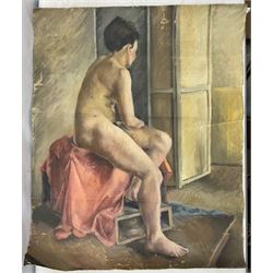 Modern British School (Mid 20th century): Seated Female Nudes, two oils on unstretched canvas unsigned 75cm x 60cm 
Provenance: from Westwood School, the former Scarborough School of Art