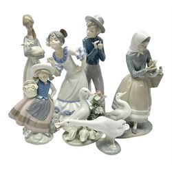 Five Lladro figures, to include How do you do 1439, Sweet Scent 5221, Shepherdess with duck 4568, etc and one Nao 