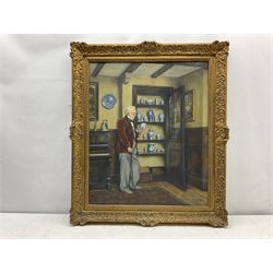 A L Grace (British 20th century): The Connoisseur and the China Cupboard, oil on canvas signed, the canvas stamped 'Prepared by C Roberson & Co Ltd, 71 Parkway, London NW1' (used 1939/67), 60cm x 50cm
