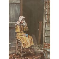 A Wallis (British 20th century): Girl Crying Outside Stable, gouache signed and dated '84, 26cm x 18cm