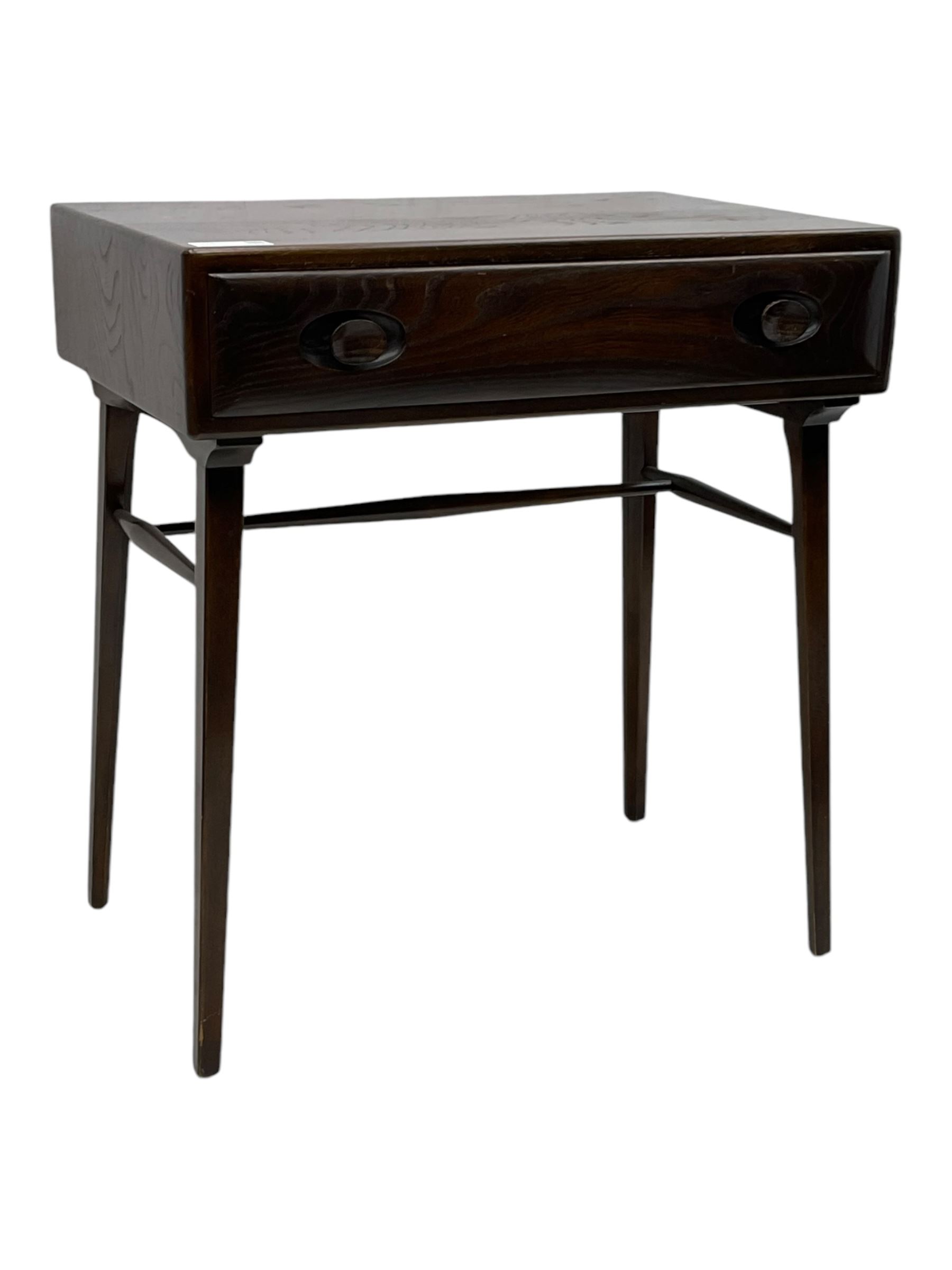 Ercol - dark elm console table, fitted with single drawer, on square tapering supports 