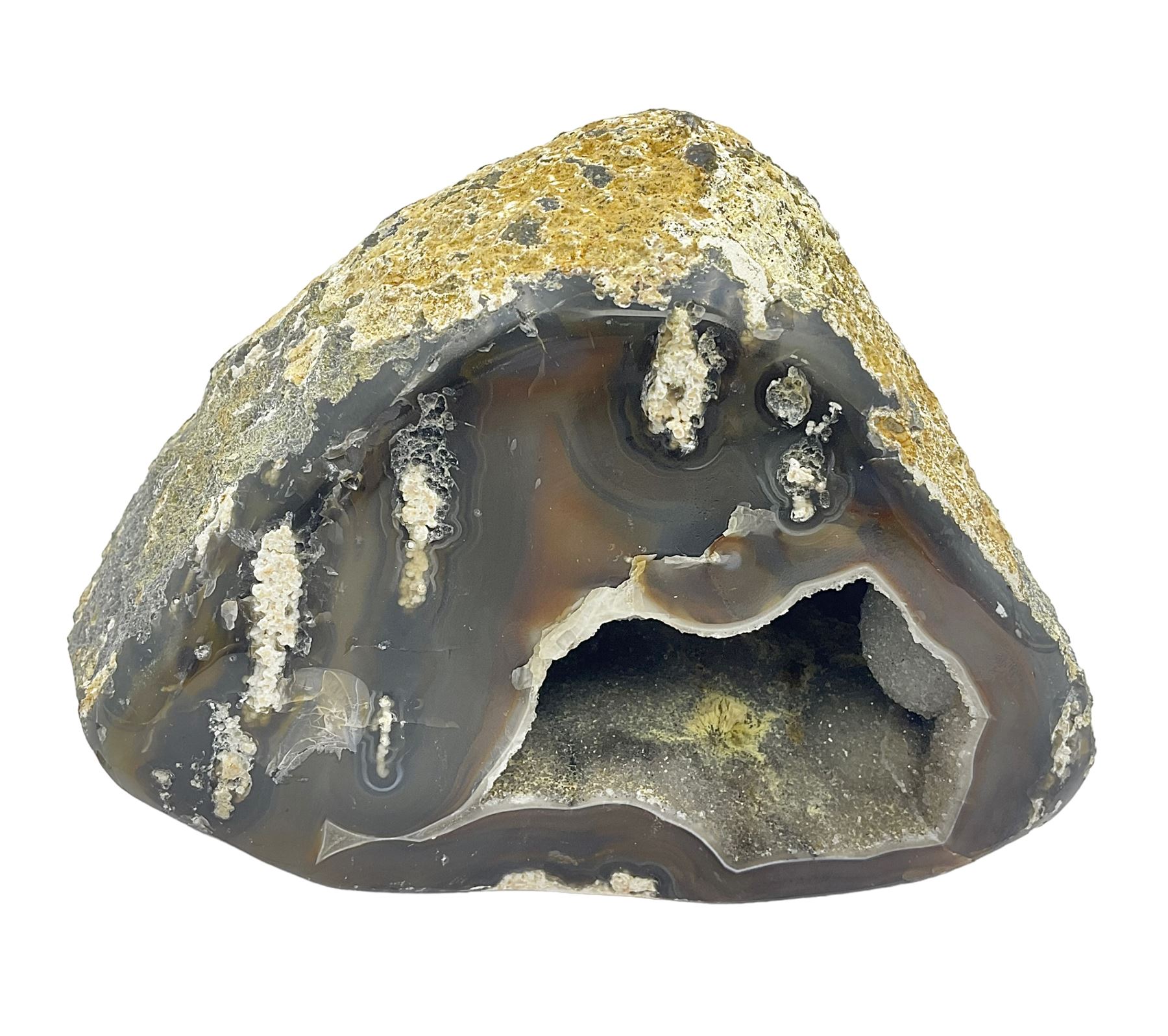 Agate geode, with quartz crystals druzy, in earthy tones, H13cm