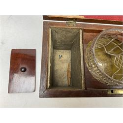Walnut tea caddy of sarcophagus form, two division lidded interior with a later glass mixing bowl, upon four brass bun feet together with a walnut sewing box with mother of pearl inlaid decoration, tea caddy H16cm