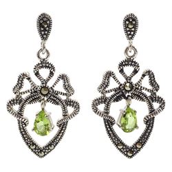 Pair of silver peridot and marcasite ribbon design openwork pendant earrings, stamped 925 