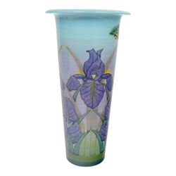 Dennis Chinaworks, Iris vase, by Sally Tuffin, dated 2002, cylindrical form with flared rim, decorated with irises and bees upon blue green ground, signed and stamped beneath, H29cm

