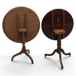 Two 19th century mahogany tripod tables, faded circular tilt-top, turned column  