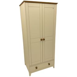 White and oak double wardrobe, with drawer