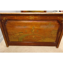  Chinese style hardwood bedstead, panelled head and footboard, with raised gilt Chinoiserie decoration, W137cm  