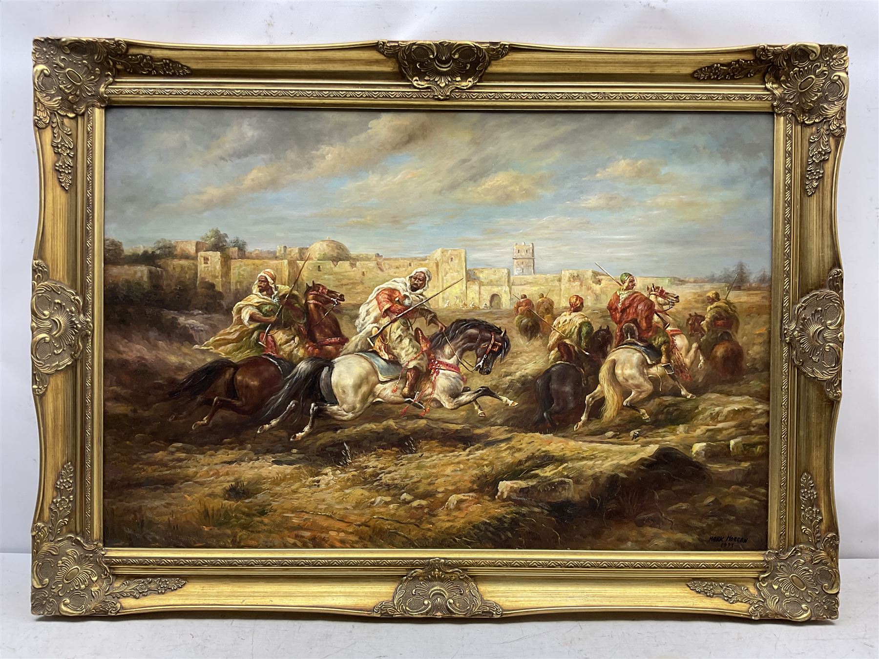 Mark Morgan (20th century): A Hasty Retreat, oil on canvas laid on to board signed and dated 1993, 60cm x 90cm