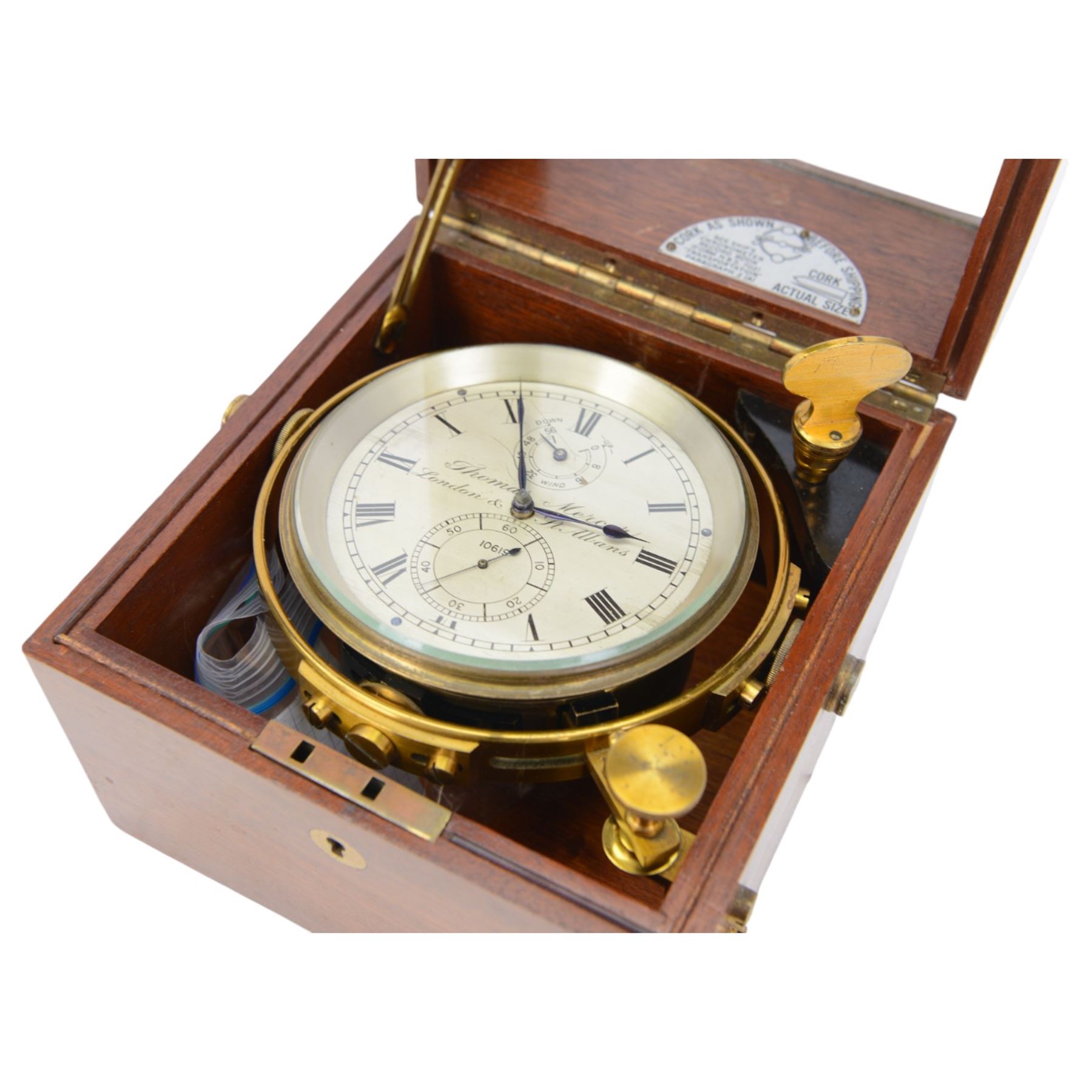 Two-day marine chronometer no. 10619, with silvered dial inscribed Thomas Mercer Ltd London & St Albans, contained within a brass gimbal-mounted bowl and glazed mahogany case, with brass winding key, dial D12cm, wooden case H17.5cm