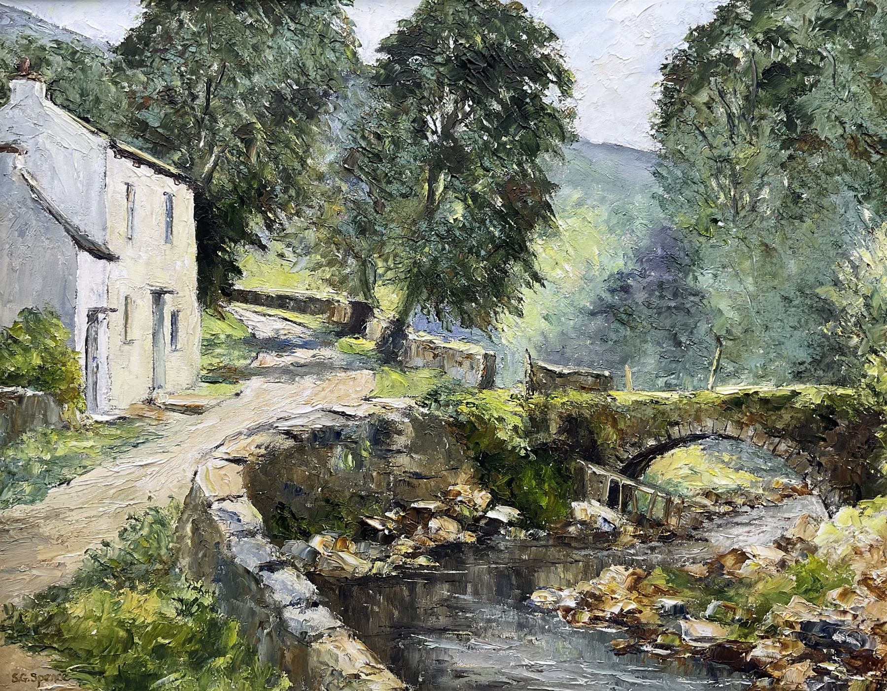 Sheila G Spence (British 20th century): 'The Dee in Dentdale', oil on board signed, titled verso 39cm x 49cm 
Notes: Sheila was the wife of Thornton-le-Dale artist Ken Johnson.