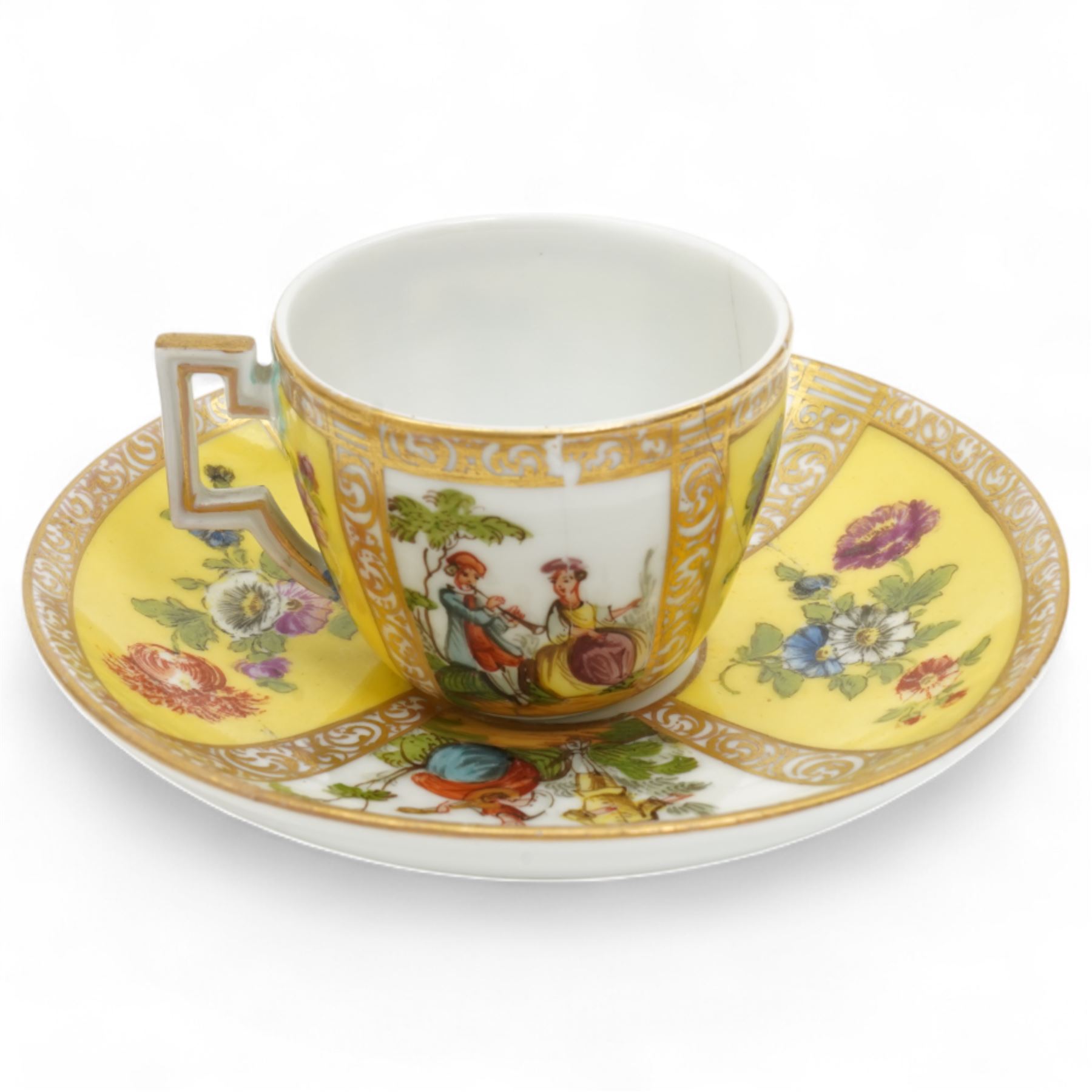 Helena Wolfsohn Dresden porcelain quatrefoil twin handled chocolate cup and stand, painted with panels of courting couples and floral sprays on a yellow ground, together with another Wolfsohn cup and saucer of the same design, and a similar continental vase decorated with shipping and town scenes, all marked to base, chocolate cup H8cm 