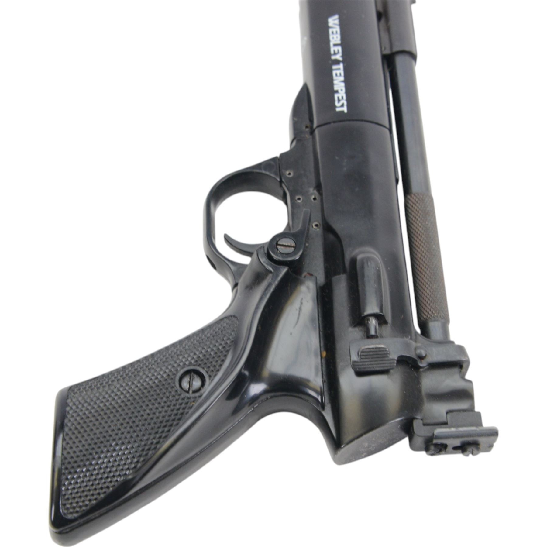 Webley Tempest .22 air pistol, the chamber marked 'Webley Tempest' and 'Webley & Scott Ltd. Made in England' beneath, with black checkered grip, H16cm, L28cm