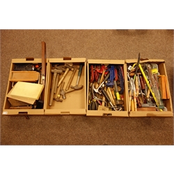  Marples carving chisels, various other chisels, sharpening stones, quantity of G-clamps, hammers, etc... in three boxes  
