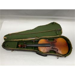 Czechoslovakian violin c1920 with 36cm two-piece maple back and ribs and spruce top, bears label 'Copy of Antonius Stradivarius Made in Czechoslovakia' L59cm; in carrying case; 1950s Czechoslovakian violin; and 195os Czechoslovakian three-quarter size violin; both cased (3)