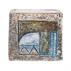 Troika cube vase by Anne Lewis, with geometric incised decoration in blue on a mottled blue ground, signed to base with initials