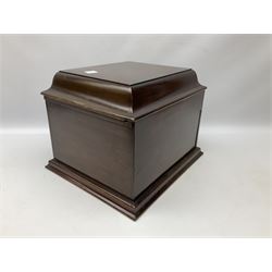 Early 20th century wind up gramophone set in a wooden case with twin door sound hole to the front and tins of 'His Masters Voice' needles