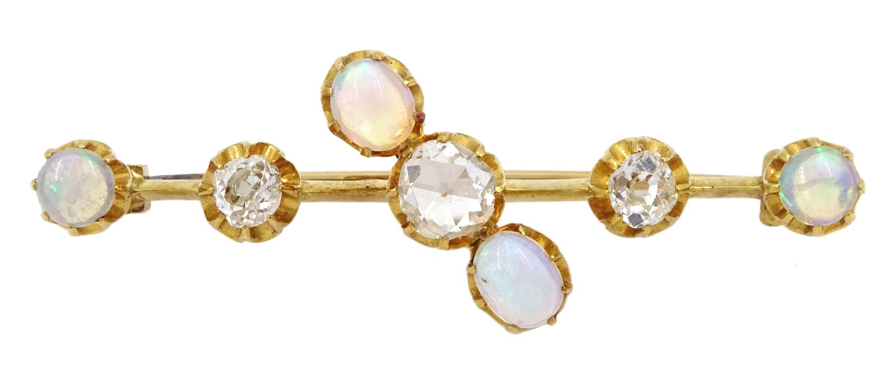 Early 20th century 15ct gold opal and diamond brooch, the central rose cut diamond, with old cut diamonds set either side, total diamond weight approx 0.60 carat