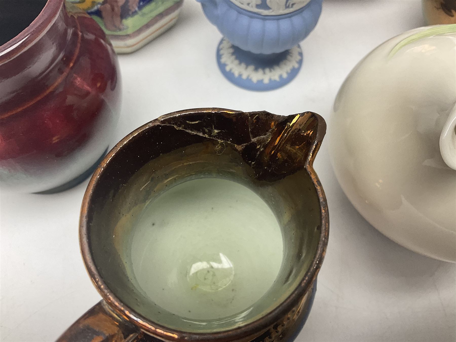 Franz jug, together with three lustre jugs, Wedgwood Jasperware vase and two others 