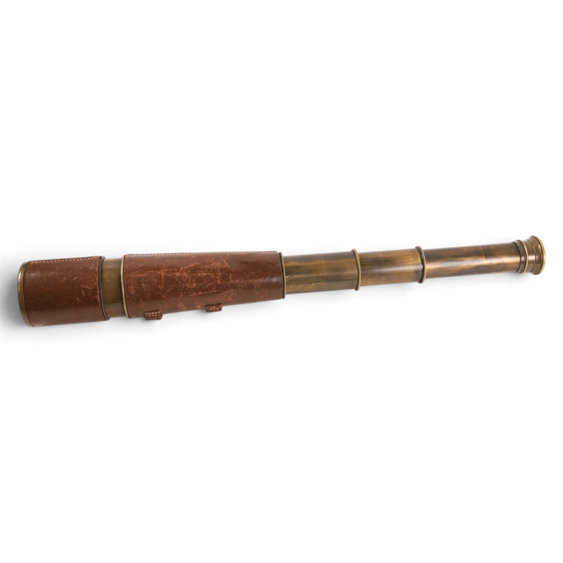 Early 20th century leather-bound three draw brass telescope by Broadhurst Clarkson & Co, 63 Farringdon Road London, full length L77cm