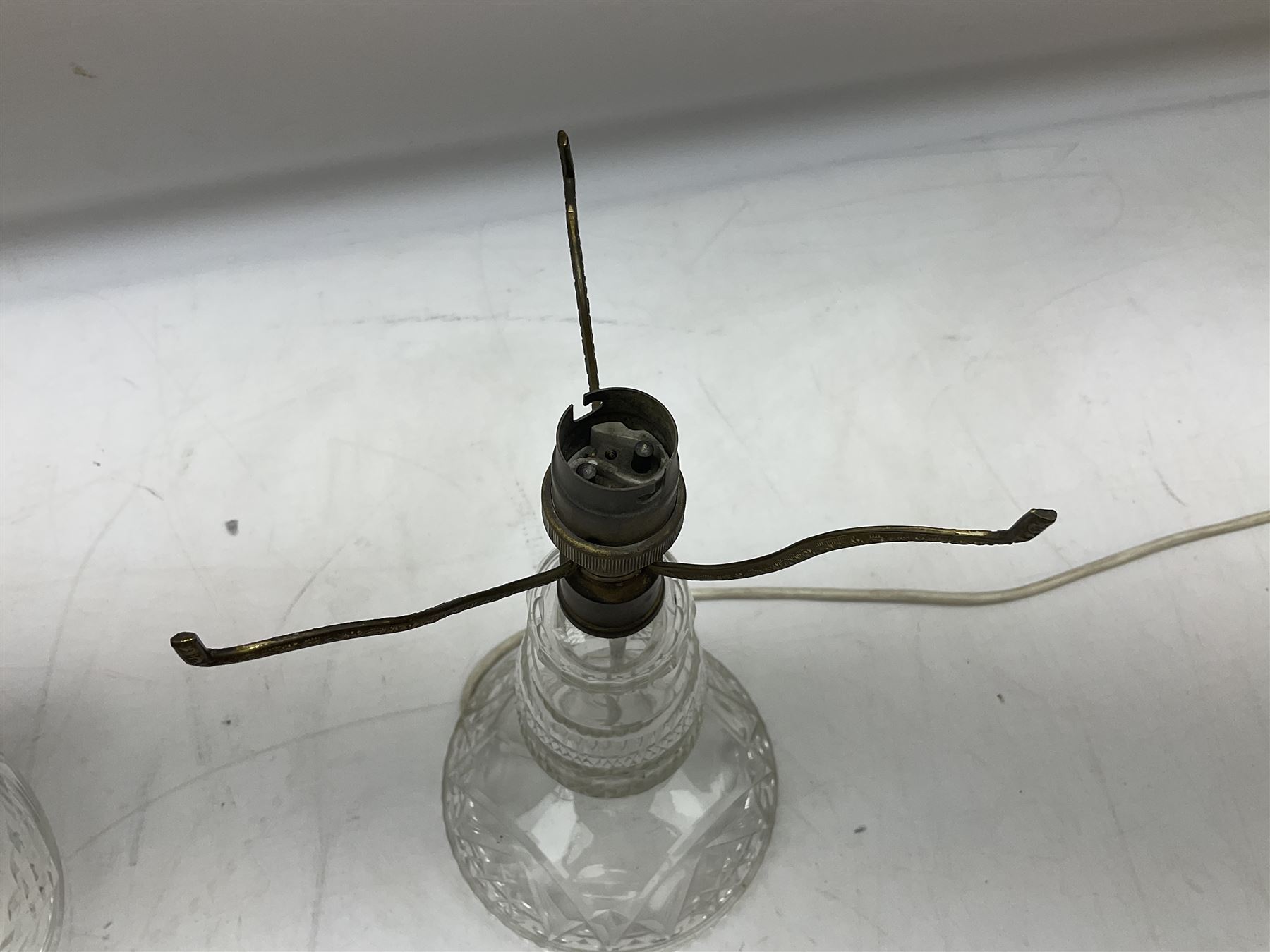 Waterford style cut crystal table lamp with mushroom shade and shaped central column upon a circular spreading foot, H39cm