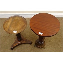  Two Victorian style mahogany pedestal tables, one with circular top, carved stem, trefoil base(D40cm, H52cm) and another with circular top, tapering hexagonal stem (D36cm, H58cm) (2)  
