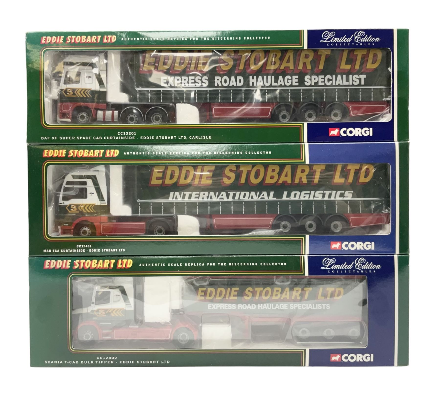 Corgi Eddie Stobart - three lorries; limited edition CC12802 Scania T-Cab Bulk Tipper; limited edition CC13201 DAF XF Super Space Cab Curtainside; and CC13401 MAN TGA Curtainside; all boxed (3)