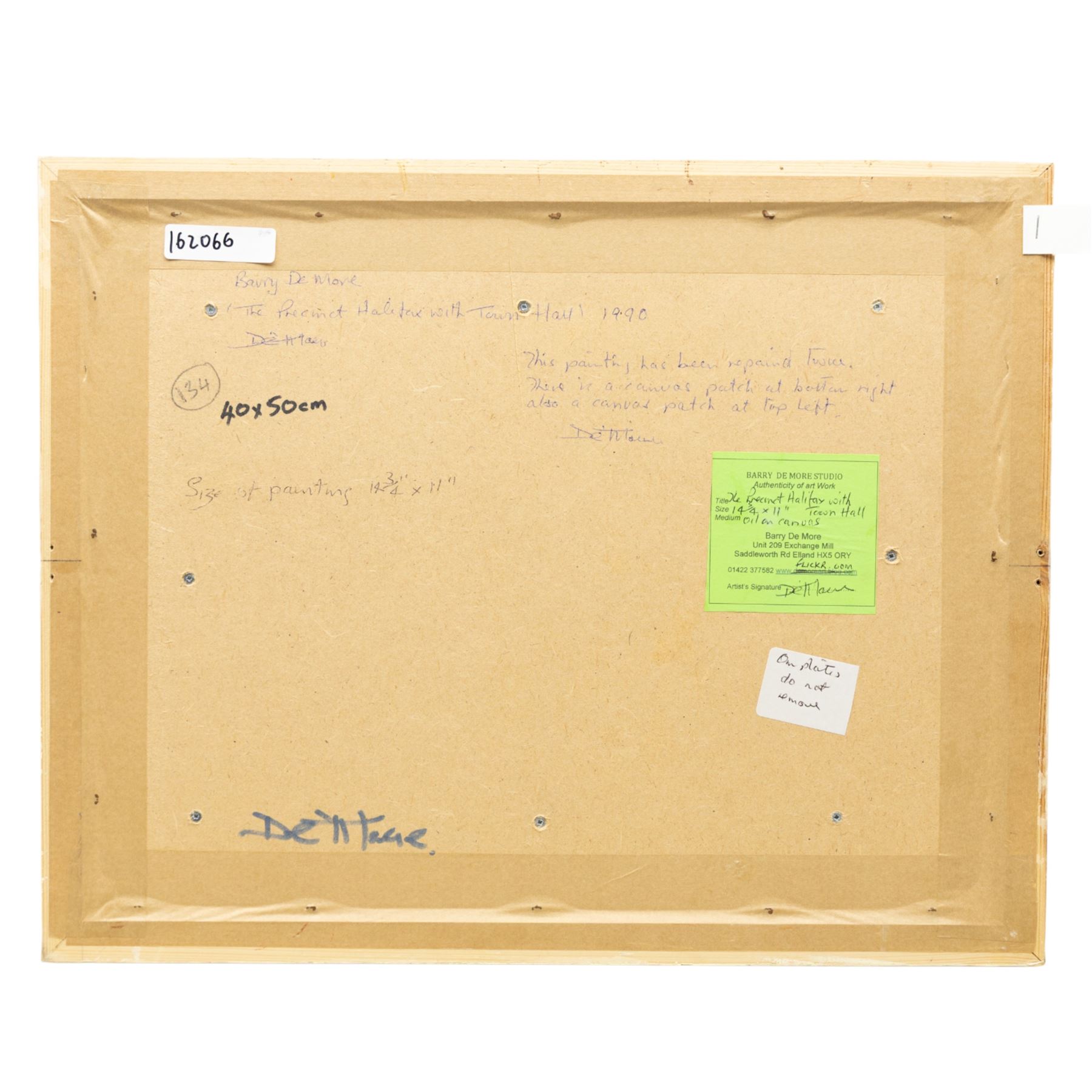 Barry De More (Yorkshire 1948-2023): 'The Precinct Halifax with Town Hall', oil on canvas signed and dated '90, inscribed verso 28cm x 38cm
Provenance: consigned by the artist's widow