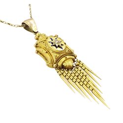 Victorian 18ct gold tassel pendant, applied star set with a single seed pearl and blue enamel surround, within a fancy bead and wirework frame, on a 10ct gold fancy chain link necklace