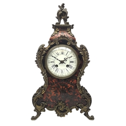  Early 20th century red tortoiseshell, Boule and ormolu mounted mantel clock white enamel convex Roman dial with Arabic five minute divisions, twin train movement stamped Made in France A&N 63536 striking the hours on coil, H41cm  