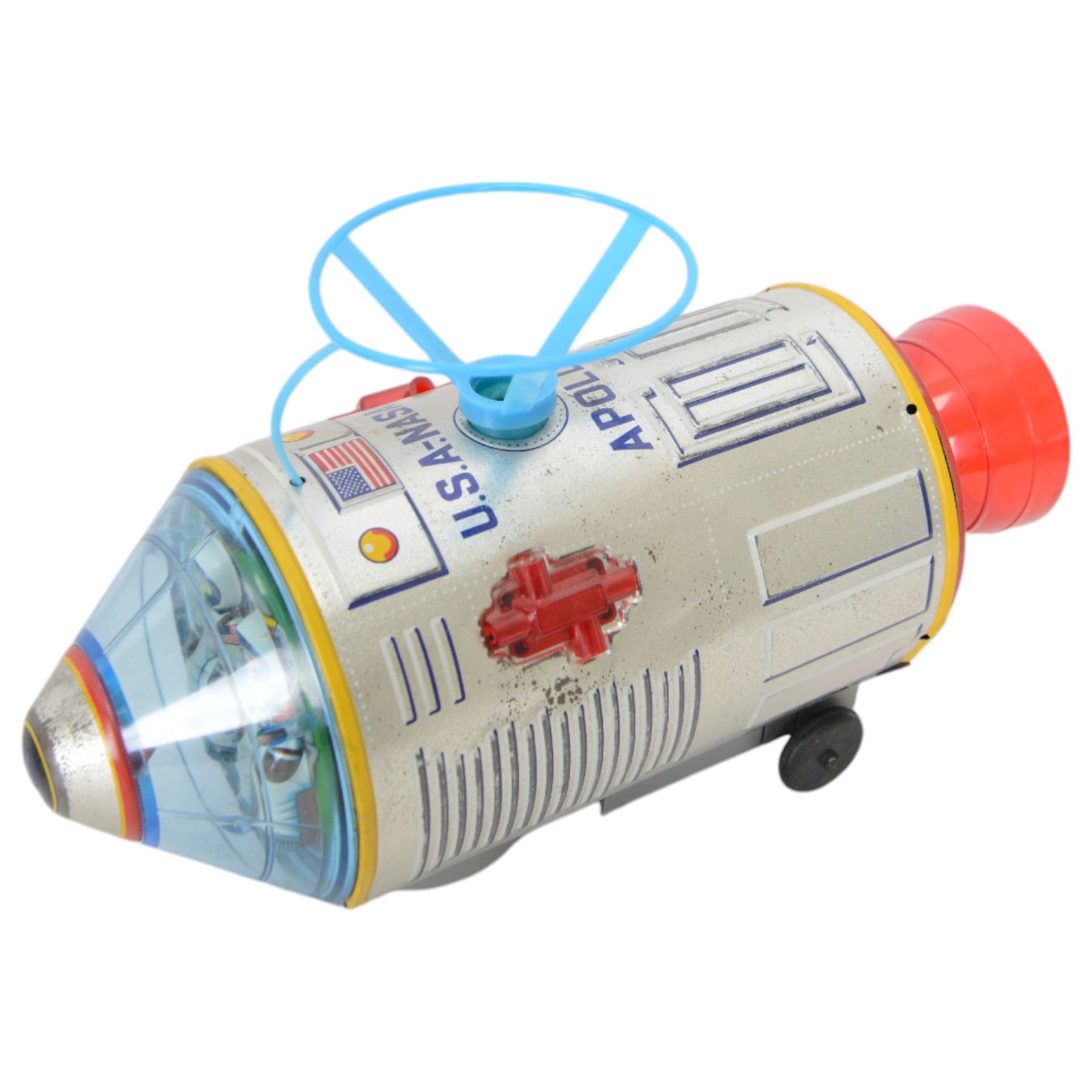 Two Japanese battery operated tinplate rockets by Modern Toys