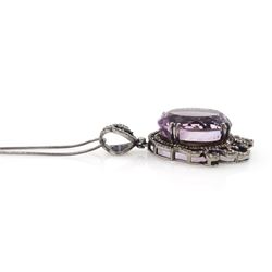 Silver oval cut amethyst and diamond, fancy openwork pendant necklace, amethyst approx 36.50 carat
