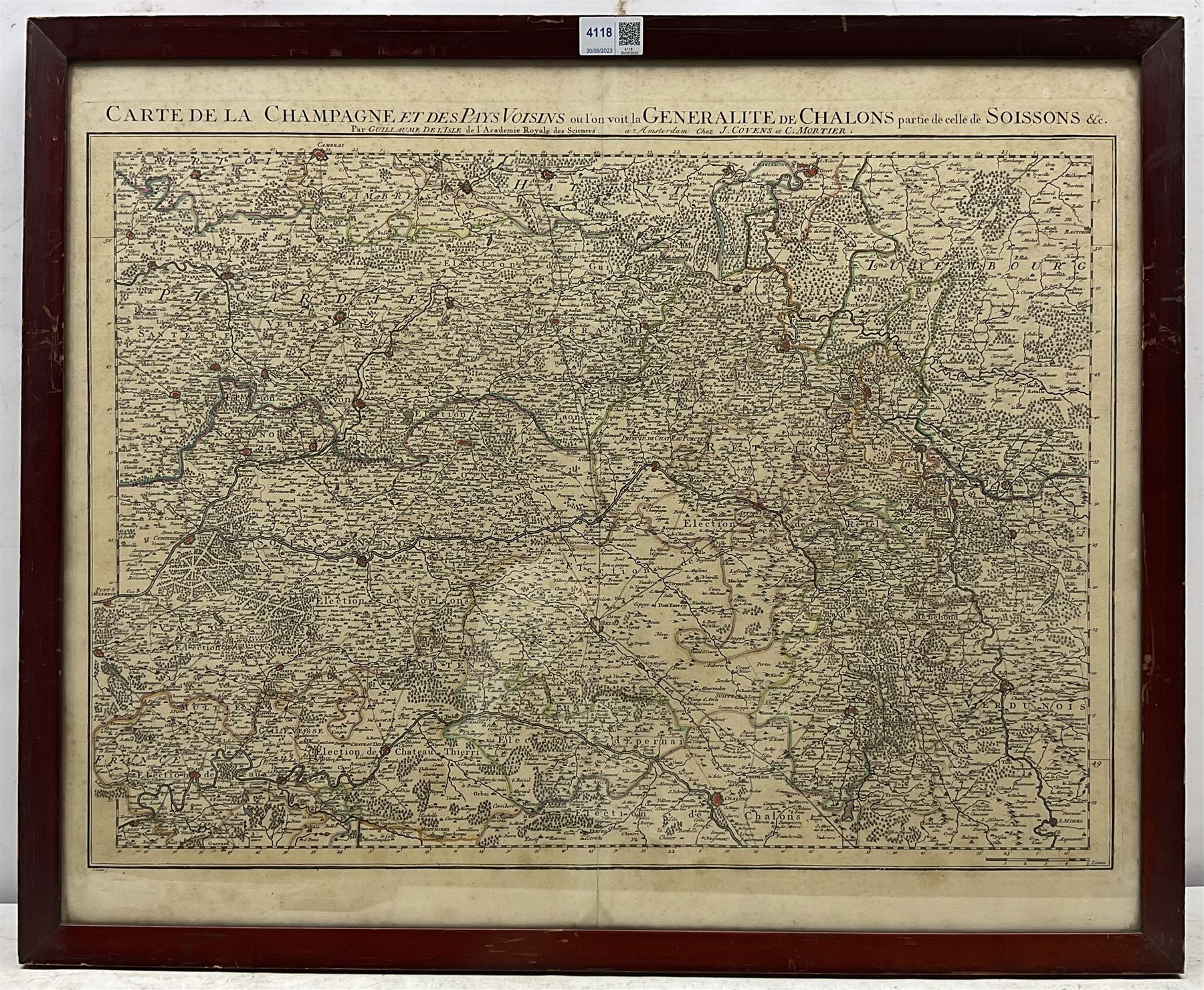 Guillaume Delisle (French 1675-1726): 'Carte de la Champagne et des Pays Voisins', 18th century engraved map, hand coloured, from an atlas pub. Covens and Mortier of Amsterdam c.1750, 52cm x 65cm
Provenance: with The Parker Gallery. Albermarle Street, London, label verso