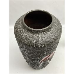  West German fat lava vase of shouldered form decorated with red horses on a pitted black lava ground, with impressed marks beneath, H45cm