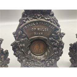 Two early 20th century cast-iron money banks - 'Our Kitchener Bank' c1914 H17cm and 'Our Empire Bank' c1911 depicting George V and Queen Mary H17cm; both by Sydenham & McCoustra; and another similar for The Prince & Princess of Wales 1981 by Robert Brown (3)