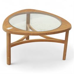 Mid-20th century teak and glass coffee table, of triangular form with rounded corners, ins...