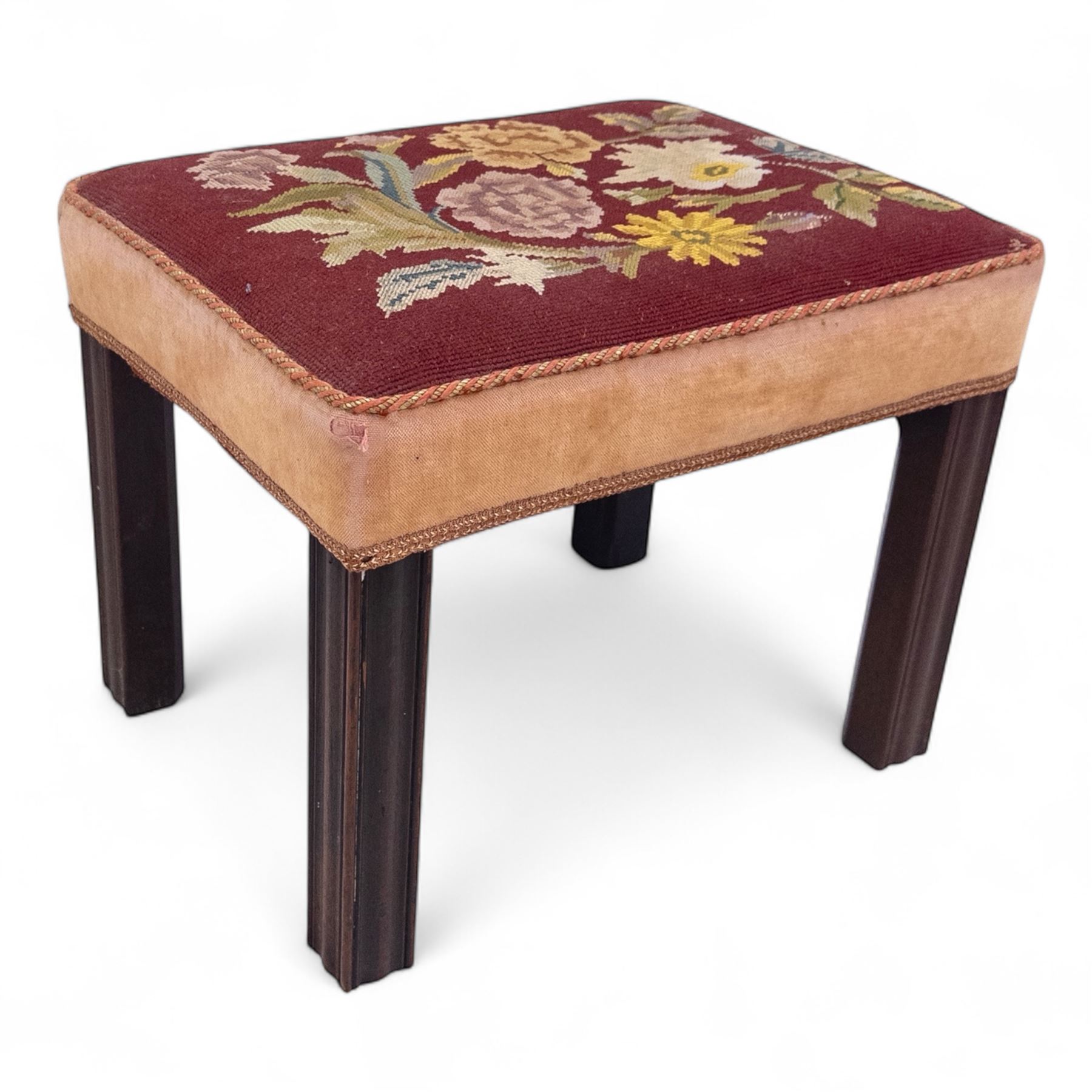 Mid 19th-century stool, square seat upholstered in a red floral needlework, raised on chamfered mahogany legs 